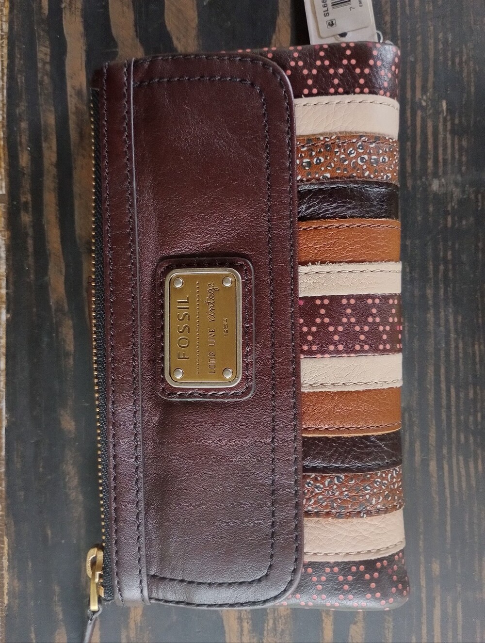 New Fossil Emory Clutch Wallet Brown/Tan New With Tags
